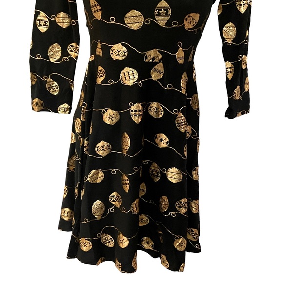 X-Mas Ornament Dress Gold Foil Black T-Shirt Dress Skater Short Fit & Flare Mini - Picture 7 of 11